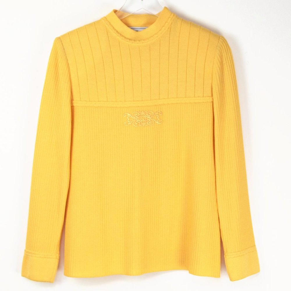Vintage St. John Marie Gray Sweater Santana Knit Mock Neck Yellow Size Small
